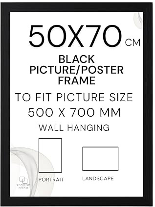 EMPORIUM RETAIL FRAMES Black 50X70cm Picture Frame - 500x700mm Black Poster Frame Wood, Styrene Acrylic Glass, MDF Back & Hooks - Portrait or Landscape Ideal for Gallery Wall Decorations