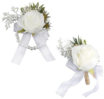 wellrun 2pcs Rose Wrist Corsage and Boutonniere Set,Elegant Button Holes Rose Flower Bracelet,Flower Corsage for Wedding,Ceremony Anniversary