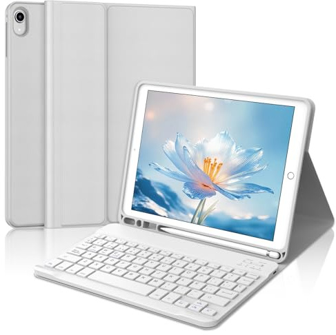 Funda con Teclado para iPad 9a Generación 10.2, Teclado Bluetooth Desmontable con Funda y Portalápices para iPad 9a Gen 2021/8a Gen 2020/7a Gen 2019/iPad Pro 10.5 2017 y iPad Air 3 2019, Gris Claro