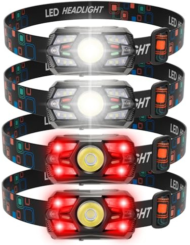 NAKCNM Torcia frontale ricaricabile, confezione da 4, con sensore di movimento, torcia frontale LED con luce rossa, faro da 2000 lumen con 5 modalità, torcia frontale impermeabile e leggera per corsa