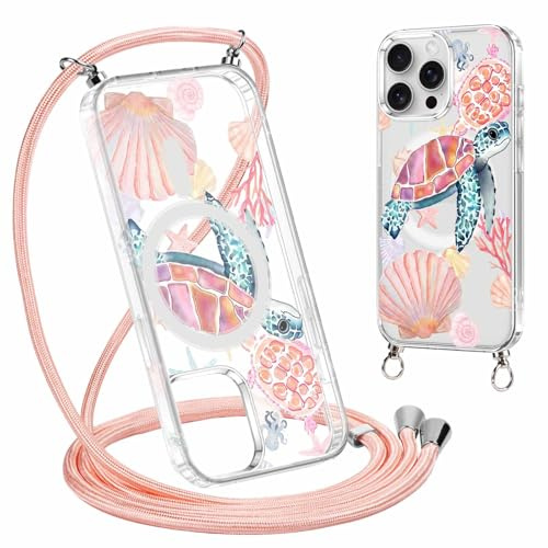 Paovkoi Cover Magnetica per iPhone 15 Pro Max con Cordino, Aesthetic estivi Tartaruga Trasparente Custodia Compatibile con MagSafe con Tracolla Laccio, Custodie per iPhone 15 Pro Max 6,7'' - Rosa 02