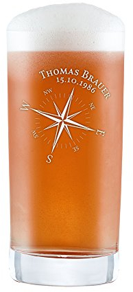 AMAVEL – Vaso de Cerveza Artesanal con Grabado – Rosa de los Vientos – Personalizado – Pinta – Vaso de Cócteles – Idea para Regalo para Hombres – Cumpleaños – Día del Padre - Capacidad Total: 0,5 l