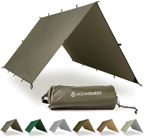 AQUAQUEST Safari - Lona Impermeable para Camping, Ligera, Sombra para el Sol o la Lluvia, Elementos Esenciales de Camping para Senderismo, mochileros y hamacas, 6 x 4 m, Color Verde Oliva