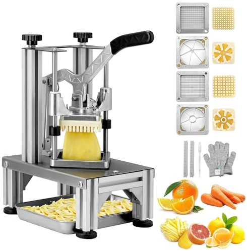 VEVOR Commercial French Fry Cutter with 4 Replacement Blades, 1/4″ & 3/8″ Blade Easy Dicer Chopper, 6-wedge Slicer & 6-wedge Apple Corer, Lemon Potato Cutter for French Fries with Tray and Handle