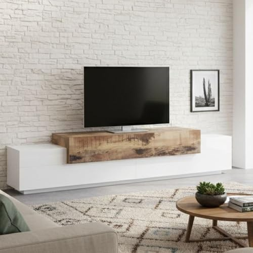 Dmora - Meuble TV Nico, Buffet bas de salon, Base pour meuble TV, 100% Made in Italy, 240x45h52 cm, Blanc brillant et érable
