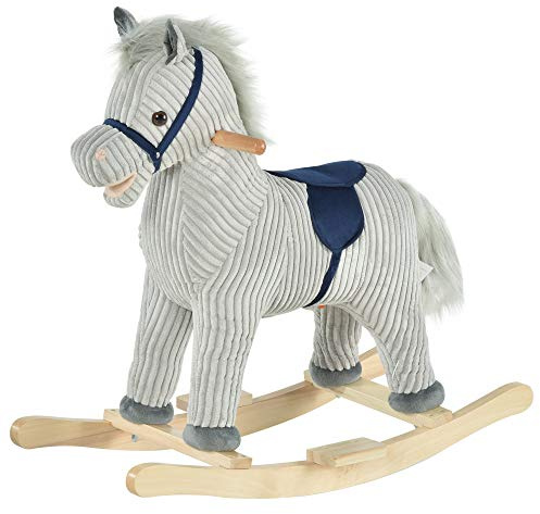 HOMCOM Cavallo a Dondolo per Bambini 3-6 Anni, Cavalluccio a Dondolo Interattivo Riproduce Suoni, in Peluche Grigio, 73x35x64cm