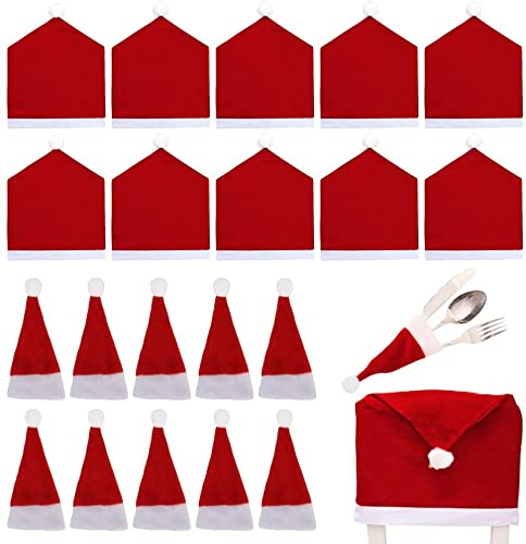 XiXiRan Weihnachtsmütze Deko, 10 Weihnachts Stuhlhussen, 10 Weihnachtsmann Besteckbeutel, Weihnachtsdeko Stühle, Gabel Messer Weihnachtsmann Hüten, Nikolausmütze Stuhl, für Weihnachtsfeier Dekoration