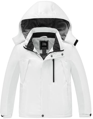 ZSHOW Boys' Winter Jackets Waterproof Snowboard Ski Jacket Windproof Hooded Winter Coat(White,10-12