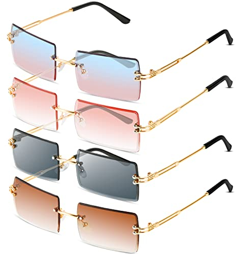Comius Sharp Lunettes de Soleil Rectangulaires sans Monture, 4 Pièces Lunettes De Soleil Mode, UV400 Protection Lunettes De Soleil Sans Monture Vintage à La Mode Pour Homme Et Femme (4 Couleurs)