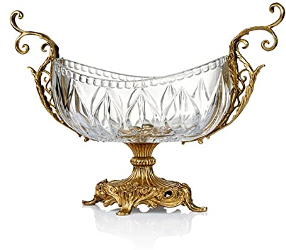 SISWIM Frutero Tazón de Fruta Chino Retro Cristal Transparente Decorativo Plato de Fruta tazón Grande de Vidrio for Dulces Base de Cobre Plato de Fruta Cesta de Frutas