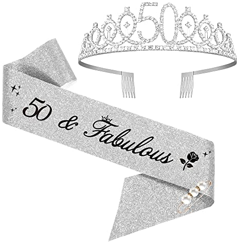Moitkptt 50 & Fabulous Couronne Anniversaire Écharpe, Diadème Princesse Reine Décoration 50 Ans Femme, Cadeau (Argent)