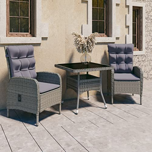 Festnight 3tlg Balkonmöbel Set Rattan Gartensessel mit Liegefunktion Bistroset 2 Personen Balkon Sitzgruppe Garten Balkonset Balkontisch Stühlen Polyrattan Liegesessel Sitzgarnitur, Grau, ty4