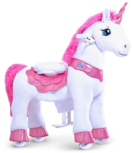 PonyCycle Einhorn auf Rollen, für Kinder 3–4 Jahre, 76cm Hoch, Einhorn zum reiten mit Handbremse, Einhorn Reitspielzeug, Rosa Plüsch Reitpferd, Basis Modell E - E312
