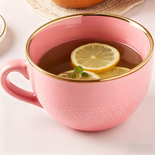 Disoza Large Coffee Cup Ceramic Soup Mug with Handles 24 Ounce Jumbo Mugs Bowl Porcelain Pink Coffee Tea Cup XXL Cereal Bowls Soups Ramen Salad Bowl Coffee Cappuccino Cups Large Soup Bowl
