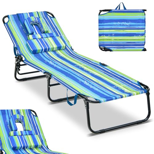 COSTWAY Sonnenliege mit Gesichtsöffnung, klappbare Gartenliege mit 3 abnehmbaren Kissen und 5-Fach Verstellbarer Rückenlehne, Strandliege Liegestuhl für Garten und Poolbereich (Blau-grün)