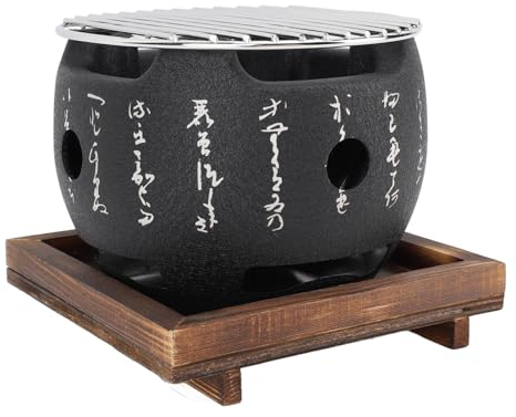 Japanischer BBQ Grill Mini Holzkohle Tischgrill mit Drahtgitter und Holzbasis, 15cm/19cm Runde Tragbarer Japanisch Holzkohleofen Campingkocher für Yakiniku, Takoyaki, Aal Teriyaki(19 x 19 x 14,5 cm)