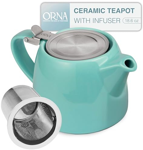 ORNA Ceramic Teapot with Tea Infuser – Small Tea Pot for Loose Leaf Tea – 550ml / 18.6 Oz Non-Stove Porcelain Teapot for 2 Cups with Tea Strainer (Turquoise)