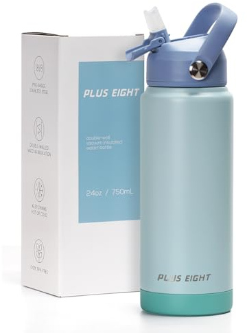 pluseight Water Bottle with Straw Lid, 750ml (24oz) Vacuum Insulated Water Bottles, Stainless Steel Water Bottle Wide Mouth for Sports, Gym or Office, BPA-Free Keep Cold 24H Hot 12H (Grey)