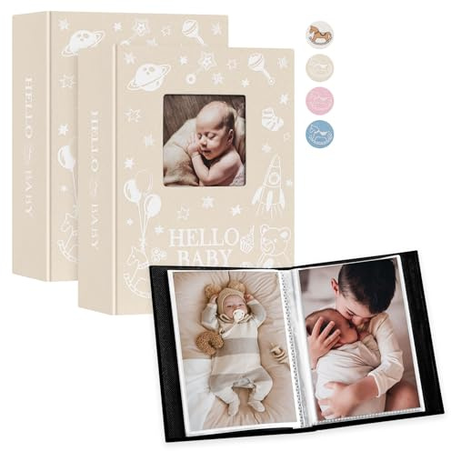 Lanpn Album Fotografico Bambino 100 Tasche 2 Confezioni, Lino Ricordi Foto Nascita Bimbo 10x15 Album Portafoto Neonato, Baby Photo Album, Festa Battesimo Ragazza Ragazzo Regalo, Beige