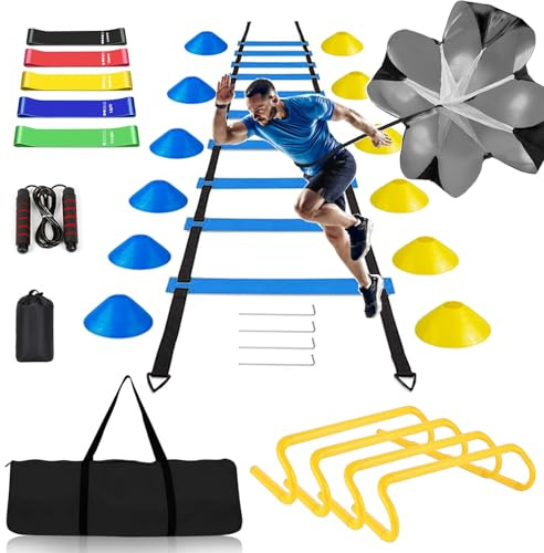 BJNCDIO Fussball Trainingszubehör, Koordinationsleiter 6m mit 12 Hütchen, Abnehmbar Hürden, Springseil, Widerstandsbänder, Widerstandsschirm,Fussball Trainingsset,Fussball Geschenke Jungen