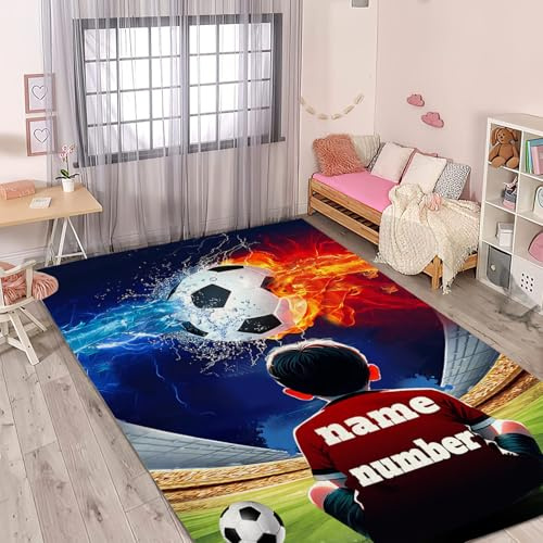 CHEFFS Fußball Spielteppich personalisiert Kurzflor 80x120cm Kinderzimmer | Rutschfeste Unterseite für mehr Sicherheit