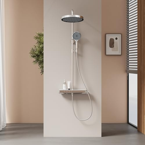 EMKE Columna de Ducha Termostática con Estante de Cristal, 320mm Ducha de Lluvia Extra Grande, Ducha de Mano con 3 Tipos de Chorro,Cromado,Altura Adjustable 818-1068mm