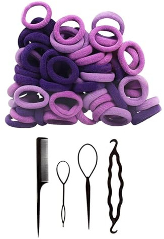 Paquete De 100 Gomas Para El Cabello Moradas Y 4 Rizadores Para El Cabello Negros, Accesorios Para El Cabello, Gomas Elásticas Para El Cabello, Herramientas De Fijación Del Cabello
