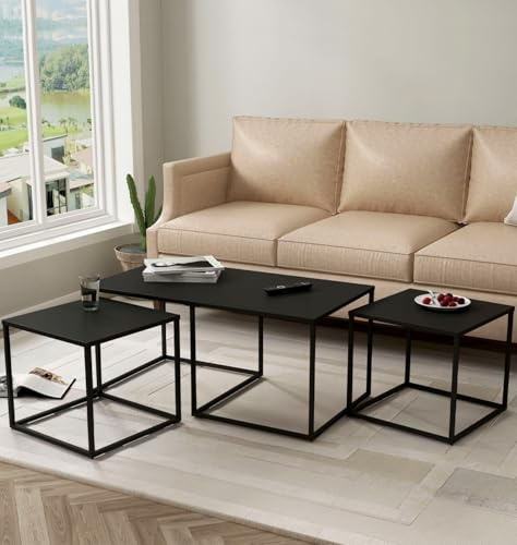Hallowood Furniture Bewdley Sleek Black Metal Nest of Tables in Set of 3 | Industrial Style Black Metal Nest of Tables Set of 3 Coffee Table for Living Room Furniture Perfect for Sofa and Lounge Use