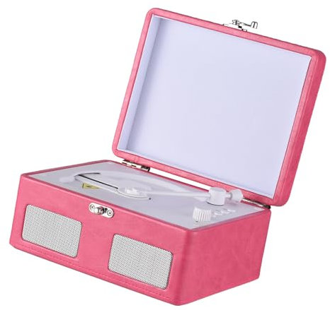 Music Player Record Player, Portable CD Boombox with Turntable, Rechargeable Battery, Remote Control, 3.5mm Jack, 80Hz-20kHz Frequency, Type-C Power (Pink)