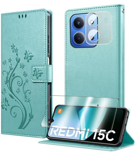 MQERYBV Funda para Xiaomi Redmi 15C 4G/ 5G Cartera con Protector Pantalla | 1 Protector Cámara Lente, Función de Soporte, 3 Ranura para Tarjetas, Flip Plegable, Cuero PU, Cierre Magnético, Green