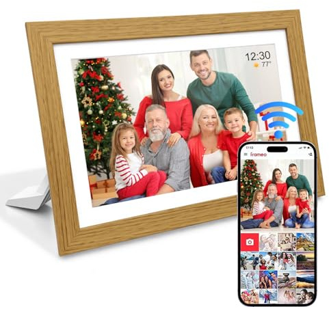 Digital Photo Frame Wifi, 10.1 Inch Oak Wood Picture Frame, 1280x800 HD IPS Touch Screen, 32GB Memory, Auto Rotate, Easy Setup, Share Photos via Frameo APP, Gifts for Grandparents,Women,Men