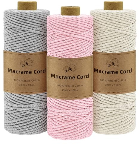 Gemtte Makramégarn 2mm X 100M, 3 Rullar MakraméRep Färgglatt Makramégarn för Vägghängande Dekoration, Natur Bomull Pysselsnöre för Pyssel, Stickning Bohodekoration (Beige, rosa, grå)