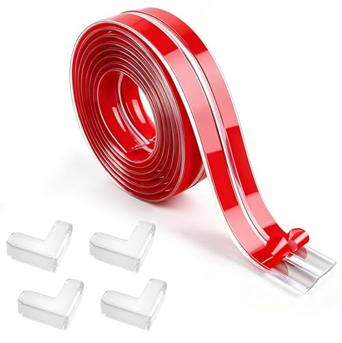Rusoz Kantenschutz Baby Selbstklebend Transparent, 10mm x 2m Silikon Tischkantenschutz Band mit 4 Eckenschutz für Tischkante und Möbelecken, Sicherer Schutz für Kinder und Baby Möbel