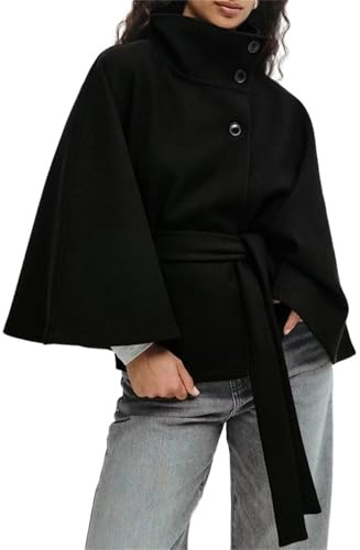 Generisch Poncho pour femme avec manches chauve-souris, veste caban, trench surdimensionné avec ceinture et col montant, capispalla Autunnoinverno Scialle, Noir , S