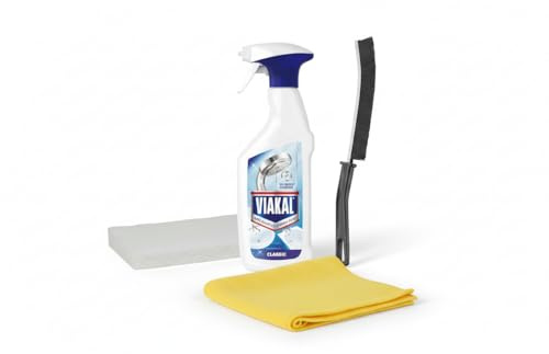 Fusion Finds 4-Piece Bathroom Cleaning Kit including Viakal Limescale Remover Spray – Heavy Duty Descaler Bundle with Non-Scratch Scourer, Microfibre Cloth & Brush – Ideal for Taps, Grout & Tiles