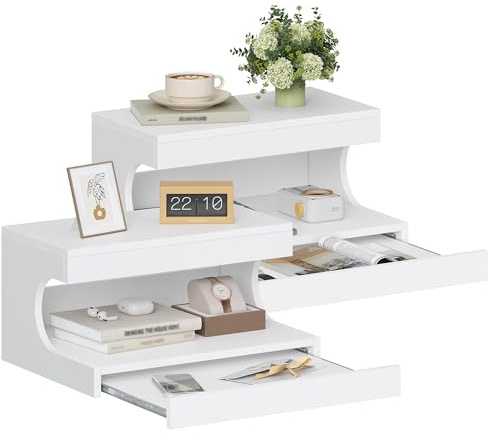 Hzuaneri Nachttisch Hängend 2er Set, Wandmontierter Regal-Nachttisch mit Schiebe-Tablett, Nachtkästchen Schwebend Wandregal mit Offener Raum, für Schlafzimmer, Wohnzimmer 30 x 40 x 20 cm Weiß NS51203X