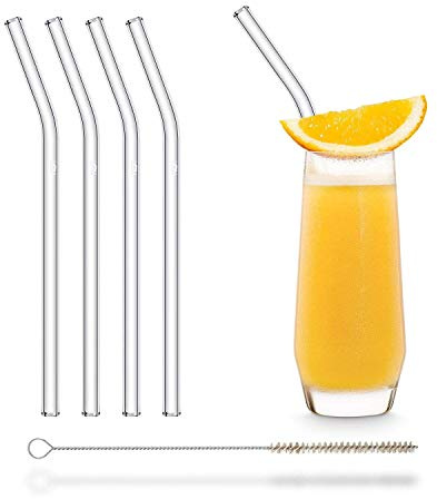 HALM Cannucce di Vetro Riutilizzabili - 4 Pezzi Curvi 20 cm + Spazzola di Pulizia Senza Plastica - Lavabili in Lavastoviglie - Ecologici - Cannucce di Cristallo