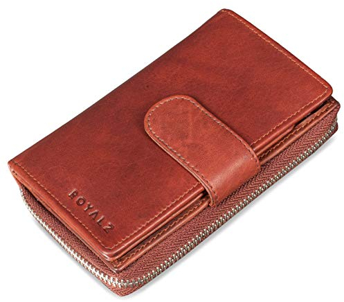 ROYALZ Vintage Leder Damen Geldbörse 18 Kartenfächer Organizer RFID Blocker Portemonnaie viele Fächer Brieftasche XXL Portmonee, Farbe:Roma Cognac Braun