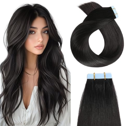 YILITE Tape Extensions Echthaar #1b 45cm Invisible Tape Extensions Echthaar | NatüRliches Schwarz 20pcs 50g Echthaar Extensions Tape,NatüRlich Glattes Haar,LäSst Sich Gut Mit NatüRlichem Haar Mischen