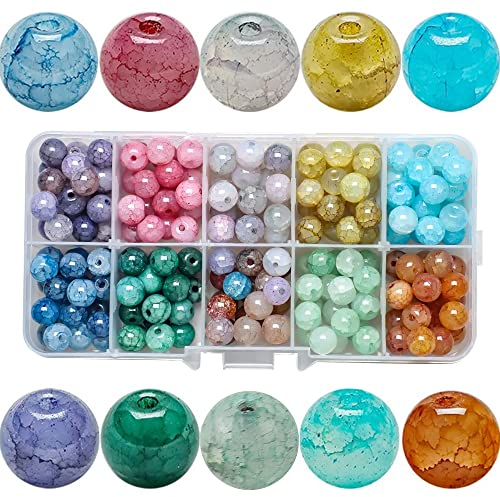 YPLonon Crackle Glasperlen zum Basteln 200 Stück Edelstein Perlen 8mm Rund Bunte Armband Bastel Perlen 10 Farben Schmucksteine mit Loch für Schmuckherstellung und DIY Handwerk Dekor