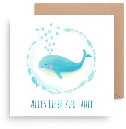 Friendly Fox Karte zur Taufe Wal, 1x quadratische Taufkarte mit Umschlag, zur Taufe kleiner Wal und Fische, Klappkarte