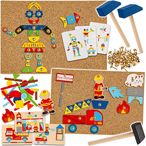 alles-meine.de GmbH Hammerspiel - 411 Teile Roboter & Feuerwehr/für Kinder - Klopfspiel Nagelspiel - Hämmerchenspiel - Holz bunt Nagel Hammer - Hämmerchen mit Korkplatte & Vo..