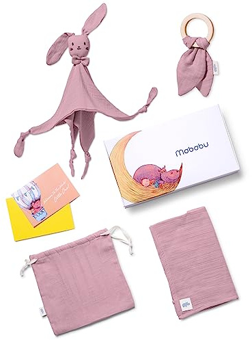 Mababu Baby Geschenkset zur Geburt – Bio-Baumwolle GOTS Zertifiziert – Schnuffeltuch, Beißring, Musselintuch, Beutel – extra weich, trocknergeeignet, Geschenk für Neugeborene, Jungen & Mädchen