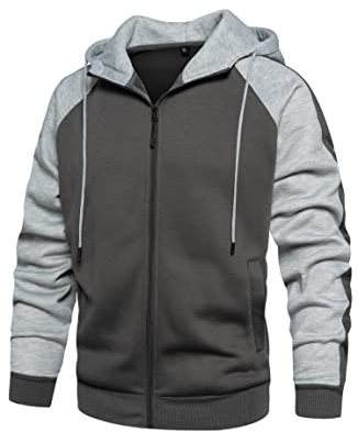 Wirltte Mens Hoodies Zip Up Hoodie Patchwork Fleece Jacket Winter Warm Hooded Grey S