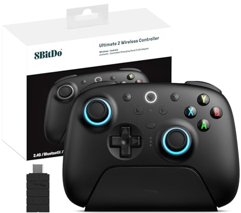 8Bitdo Ultimate 2 Wireless 2.4G Controller (TMR Joystick Update), Star-Ring RGB Lights, Adjustable Trigger Locks, Gamepad with Charging Dock for Windows PC, Android (Black)