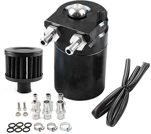 Oil Catch Can Auto, 300ML Aluminium Voiture Réservoir, Universel Séparateur Bidon Huile Voiture Air Filtre avec Filtre à Air, Tuyau et Kit D'accessoires 2 Ports (Noir)