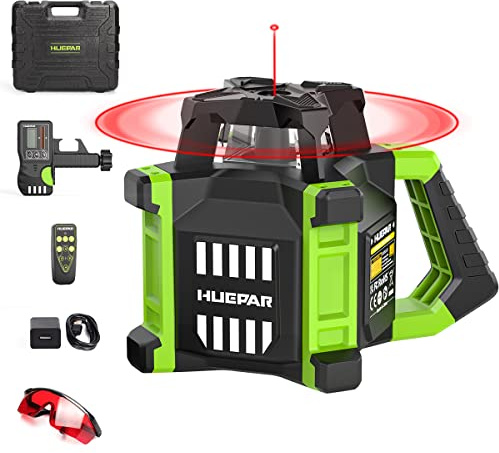Huepar Electronic Self-Leveling Rotary Red Laser Level Kit - 360 Horizontal Laser Beam Interior/Exterior Rotating Laser Level Tool with Receiver, Protective Glasses, Li-ion Battery, Hard Case RL300HR