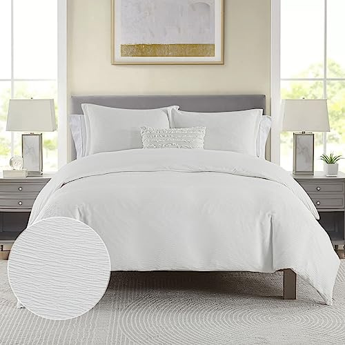 CozyDH Texture Duvet Cover King Size - White Faux Cotton Wrinkle Stripe Seersucker King Duvet Cover Set, 3 PCS Super Soft Lightweight Bedding Set (Cloud Cotton-Like, 104 x 90, No Comforter)