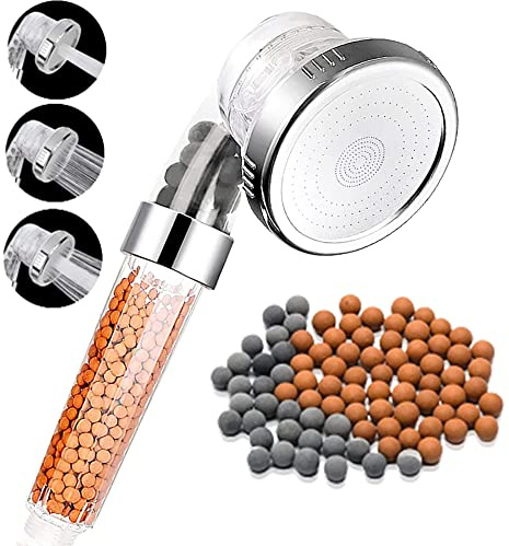Shower Head, ZASHMART 3-Mode High-Pressure Water Saving Shower Heads, Hard Water Filter Shower Head That Increase Water Pressure with Water Softner Shower Beads., Transperent