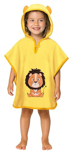 LAYNENBURG Premium Badeponcho Kinder mit Kapuze - 100% Baumwolle - OEKO TEX - Baby Jungen Mädchen Handtuch Poncho Frottee - 3-5 Jahre/Löwe